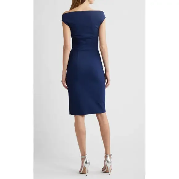NEW, Chiara Boni Melania Short Off-The-Shoulder Dress Blue Notte SZ 48 #MD0136